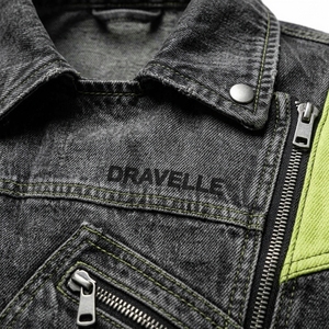 Veste en jean noire délavée pour homme Dravelle, style motard, respirante, avec panneau vert néon personnalisé, fermeture éclair asymétrique, streetwear cyberpunk - Product Image 6