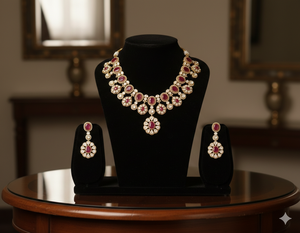 Raasika navratna royale heirloom necklace and earrings set hpandcrafted with premium deep ruby-<b>red</b> oval and teardrop stones - Product Image 2