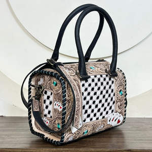 March Expo Hand Tooled Cow <b>Leather</b> Speedy <b>Bag</b> With Black & White Checkered Floral Carving & Card Design Shoulder <b>Bag</b> for <b>Women</b> - Product Image 4