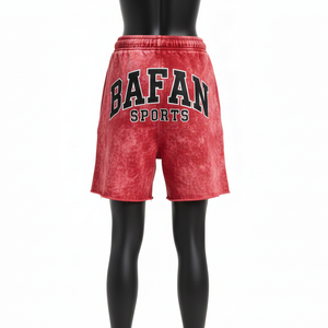กางเกงขาสั้นกีฬาสีแดงผ้าฝ้ายฟลีซคุณภาพสูง 320 GSM ล้างสีแบบแอซิดวอช แต่งแถบสีดำลายเปลวไฟ ปักโลโก้ตามสั่ง กางเกงขาสั้นผู้หญิง - Product Image 6