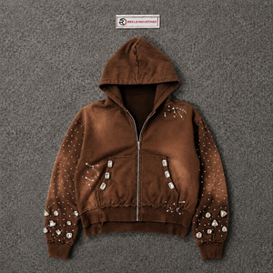 Sudadera con capucha y cremallera marrón con pedrería, estilo vintage, lavado desgastado, con adornos de cristales, talla grande, estilo urbano - Product Image 5