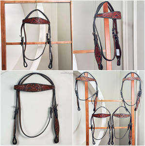 Bandeau de tête de cheval Western personnalisé en cuir de vachette usiné à la main marron riche avec sangles réglables et conception de sculpture florale - Product Image 3