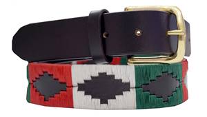 Ceinture de polo argentine faite à la main en cuir véritable pleine fleur de vache argentine de qualité supérieure, marron, avec broderie bleue, beige et rouge - Product Image 4