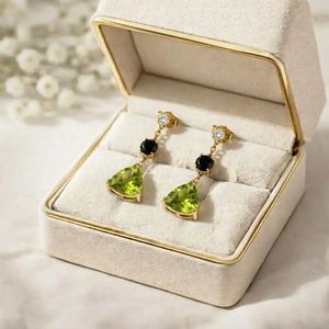 Designer Peridot Trillion Cut & Black Obsidian Drop <b>Earrings</b> With CZ Accent Minimalist Gemstone <b>Stud</b> Dangle <b>Earrings</b> Handmade - Product Image 5