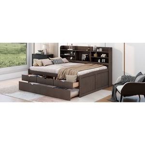 Cama de Capitán de Madera Gris Antigua de Tamaño Completo con Estanterías Integradas y Cama Nido con Tres Cajones de Almacenamiento - Product Image 5