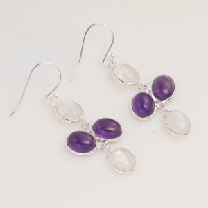 Natural Amethyst Rainbow Moonstone <b>Dangle</b> <b>Earrings</b> 925 Sterling <b>Silver</b> Handmade Gemstone <b>Earrings</b> Gift for Women - Product Image 2