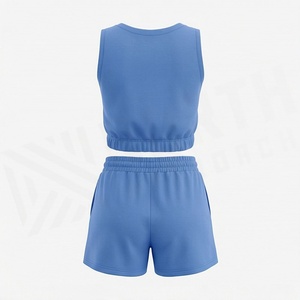 Conjunto Deportivo de 2 Piezas Azul para Mujer, Top Corto sin Mangas con Cuello en V y Pantalones Cortos por Encima de la Rodilla, Tejido Sólido Transpirable - Product Image 2