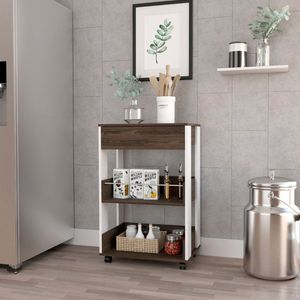 Carrello da Cucina DEPOT E SHOP Bianco/Noce Scuro con Quattro Ruote e Tre Ripiani, Isola e Carrello da Cucina - Product Image 1
