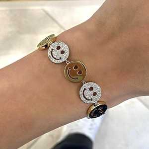 Happy Face Round Diamond Link <b>Bracelet</b> Wide Hip Hop 14K 18K Solid Gold 7 Inch Pave Set Statement Two Tone <b>Charm</b> Fine Jewelry - Product Image 3
