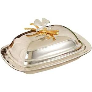 Beurrier de luxe en métal argenté avec couvercle en feuille de ginkgo dorée, en acier inoxydable, avec plateau, pour hôtel, maison et décoration de mariage - Product Image 1