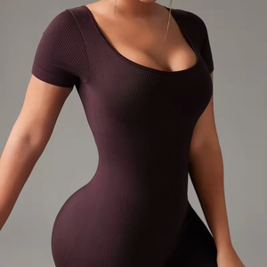 Women's Ribbed Scoop Neck Short Sleeve Jumpsuit | Full-Body Slim-Fit Activewear <b>Unitard</b> | Lightweight Yoga Fitness <b>Romper</b> - Product Image 1