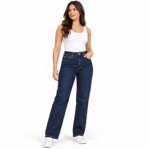 Jean en denim taille haute à jambe droite pour femme, motif chevrons, avec passants de ceinture, indigo foncé - Product Image 3
