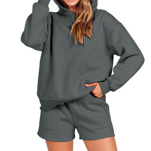 Custom Latest Design Cotton Long Sleeve Womens <b>Two</b> <b>Piece</b> Shorts <b>Set</b> Outfit Jogger <b>Lounge</b> Wear <b>Set</b> for Kangaroo Pocket - Product Image 2