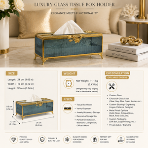 Luxury Blue Glass Tissue <b>Box</b> Holder Decorative <b>Vanity</b> Tissue Case Gold Metal Frame Home Office Hotel Tabletop Organizer Decor - Product Image 3