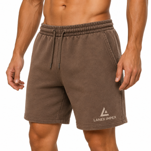 Shorts de survêtement en molleton de coton marron délavé pour homme, avec cordon de serrage élastique à la taille, décontractés pour la gym et le fitness, OEM ODM - Product Image 1