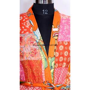 Kimono hecho a mano, ecológico, multicolor, de algodón y seda Kantha, de doble capa, con patchwork, para mujer, con bolsillos, estilo casual elegante, natural. - Product Image 4