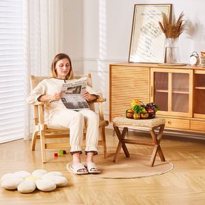 Pouf ottoman en jonc de mer avec pieds en bois pour repose-pieds de salon - Product Image 4