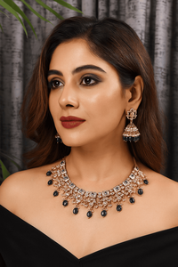 Luxury Certified Gold Plated Brass Chain <b>Choker</b> Necklace Cubic Zirconia <b>Black</b> Stones Ethnic Style Flower Design Women Wedding - Product Image 2