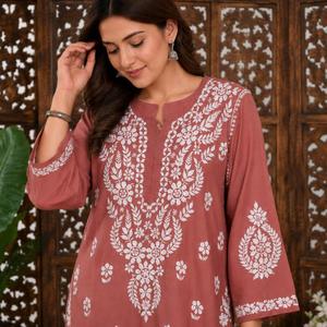 Elegant Women Dusty Rose <b>Chikankari</b> Hand Embroidered Straight <b>Kurti</b> with Matching Palazzo Set Ethnic Floral Suit - Product Image 2