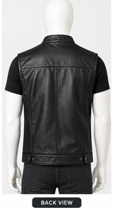 Chaleco de Cuero Negro para Hombre, Estilo Motero, Chaqueta sin Mangas con Cuello Alto, Cierre de Cremallera y Bolsillos - Product Image 3