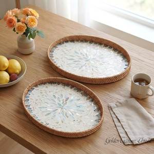 Plateau décoratif bohème en rotin, rond, en fibres végétales, mosaïque florale, multifonctionnel, ensemble d'accessoires pour table basse - Product Image 2
