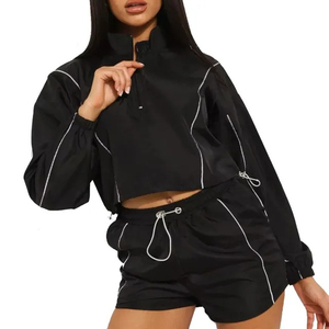 Conjunto de 2 piezas de pantalones cortos con bloques de color Y2K para mujer, top corto rosa con cremallera y pantalones cortos a juego, corte holgado, ropa deportiva para primavera y verano - Product Image 2