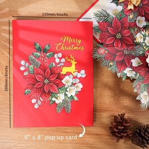 Carte de vœux pop-up florale de Noël Viet-craft, en carton découpé, motif poinsettia et flocon de neige, impression numérique, rectangulaire - Product Image 5