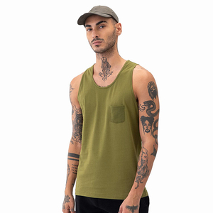 Camiseta sin mangas de algodón verde oliva para hombre, cuello redondo, informal, con bolsillo, estilo tejido de color sólido, para gimnasio. - Product Image 1