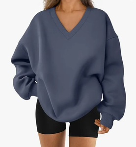 Sweat-shirt ample à col en V pour femme, avec logo sur le devant, 100% coton tricoté, épaules tombantes, couleur unie, vêtement d'hiver, longueur standard - Product Image 5