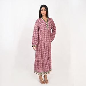 Robe pour femmes à imprimé floral en coton, col en V, manches longues, décontractée, mode estivale, taille ajustable, style bohème, robe tendance pour femmes - Product Image 2