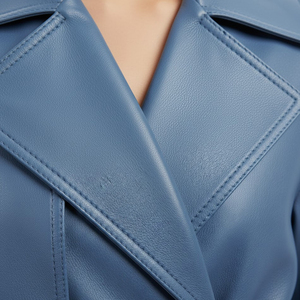 Women's Blue Real Leather <b>Thick</b> Trench <b>Coat</b> Long Length Notched Collar Belted Windproof Minimalist Style <b>Winter</b> Outerwear - Product Image 5