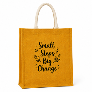 Jute Shopping Bag <b>Small</b> <b>Steps</b> Big Change Print Cotton Rope Handle 40x35x15cm Mustard Yellow Reusable Tote Bag - Product Image 1