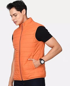 Men's Orange <b>Quilted</b> Puffer Vest Solid Color Windproof Polyester <b>Wadding</b> Stand Collar Zipper Closure Casual Autumn Wear - Product Image 2