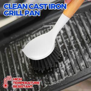 Lot de 3 brosses-racloirs en fonte avec manche en bambou, poils en nylon robustes, nettoyant de cuisine, éponges et tampons à récurer pour poêles - Product Image 2