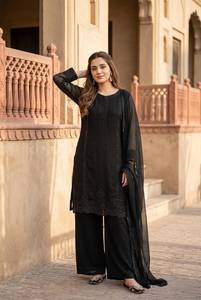 Designer <b>Beads</b> Embroidery Work Faux Georgette Black <b>Top</b> With Bottom And Dupatta Fully Stitched Ready To Wear Set - Product Image 3