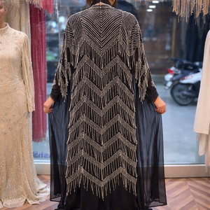 Abaya Larga con Adornos Hechos a Mano |   Kimono de malla con cuentas de diseñador |   Ropa de exterior elegante y natural antiarrugas para la noche - Product Image 3