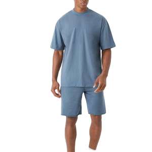 Conjunto de Verano de Alta Calidad para Hombre, Camiseta con Cuello Redondo y Pantalones Cortos, 100% Algodón, Felpa, Lavado Ácido, Transpirable, Diseño Liso - Product Image 1