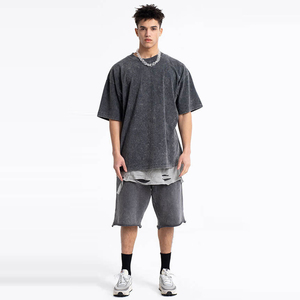 Ensemble T-shirt et short en coton tricoté lavé de haute qualité pour homme, coupe oversize, séchage rapide, survêtement streetwear personnalisé, ensemble décontracté d'été - Product Image 4