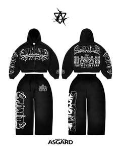 Conjunto Deportivo Unisex Negro con Capucha y Cremallera, Sudadera de Algodón de Manga Larga y Pantalones con Estampado de Letras, Corte Holgado, Ropa de Otoño - Product Image 1