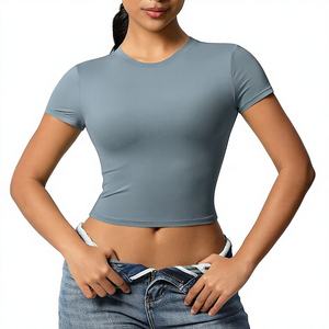 Classic Women's Longline Baby Tee Crop <b>Tops</b> Short Sleeve Workout T Shirt Lightweight Breathable Seamless Design - Product Image 1