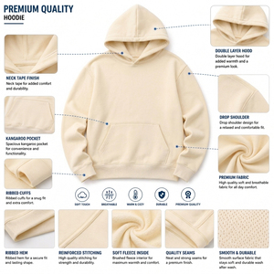 Sweat à capuche oversize crème pour femme, 100 % coton molletonné, épaules tombantes, coupe courte, couleur unie, pull décontracté avec poches - Product Image 6