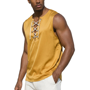 Wholesale Custom Men's Satin Lace Up V-Neck Sleeveless Tank Tops Casual Summer Beach Festival Clothing Bulk Tank Tops For Men - Product Image 1