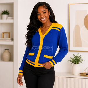 Cosh International Cárdigan de Punto Azul y Amarillo para Mujer, Cuello en V, Manga Larga, Estilo Preppy con Bolsillos - Product Image 5