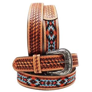Cinturón Vaquero de Cuero Vacuno Rodeo International, Diseño Floral Azteca con Cuentas, Hebilla de Aleación con Diseño Artesanal, Longitud Personalizada - Product Image 1