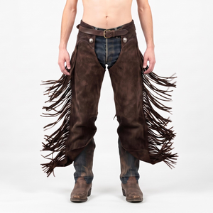 Pantalones vaqueros de cuero genuino para hombre, de talle alto, corte regular, con flecos y cierre de hebilla para montar a caballo - Product Image 2