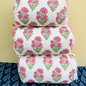 Low Moq Women's Fashion Customized Hand Block Printed Quilted Makeup Bag Cotton Fabric <b>Small</b> and Large MediumToiletry Bag Pouch - Product Image 1