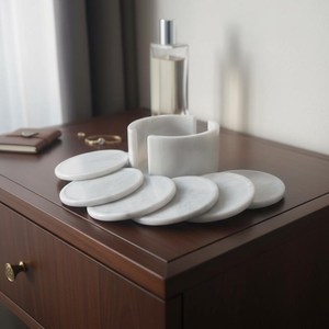 Round White <b>Marble</b> <b>Coasters</b> for Drinks for restaurants office and home use water safe polished - Product Image 3