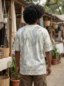 T-shirt surdimensionné en coton premium pour homme, fait main, avec des vagues abstraites artistiques et des tourbillons peints à la main en vert sauge terreux - Product Image 2