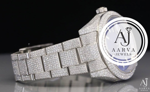 Montre mécanique pour femme AARVA JEWELS avec cadran blanc, incrustation de diamants, bracelet en acier inoxydable, analogique, bracelet de 20 mm, date, boîtier de luxe - Product Image 4