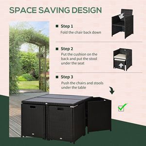 Ensemble de salle à manger d'extérieur 8 pièces, gain de place, table carrée en verre, chaises en osier, coussins, ottomanes, meubles de patio en rotin pour 8 personnes - Product Image 4